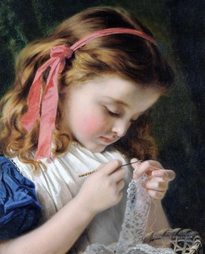 Petite fille au crochet Sophie Gengembre Anderson enfant Peinture à l'huile